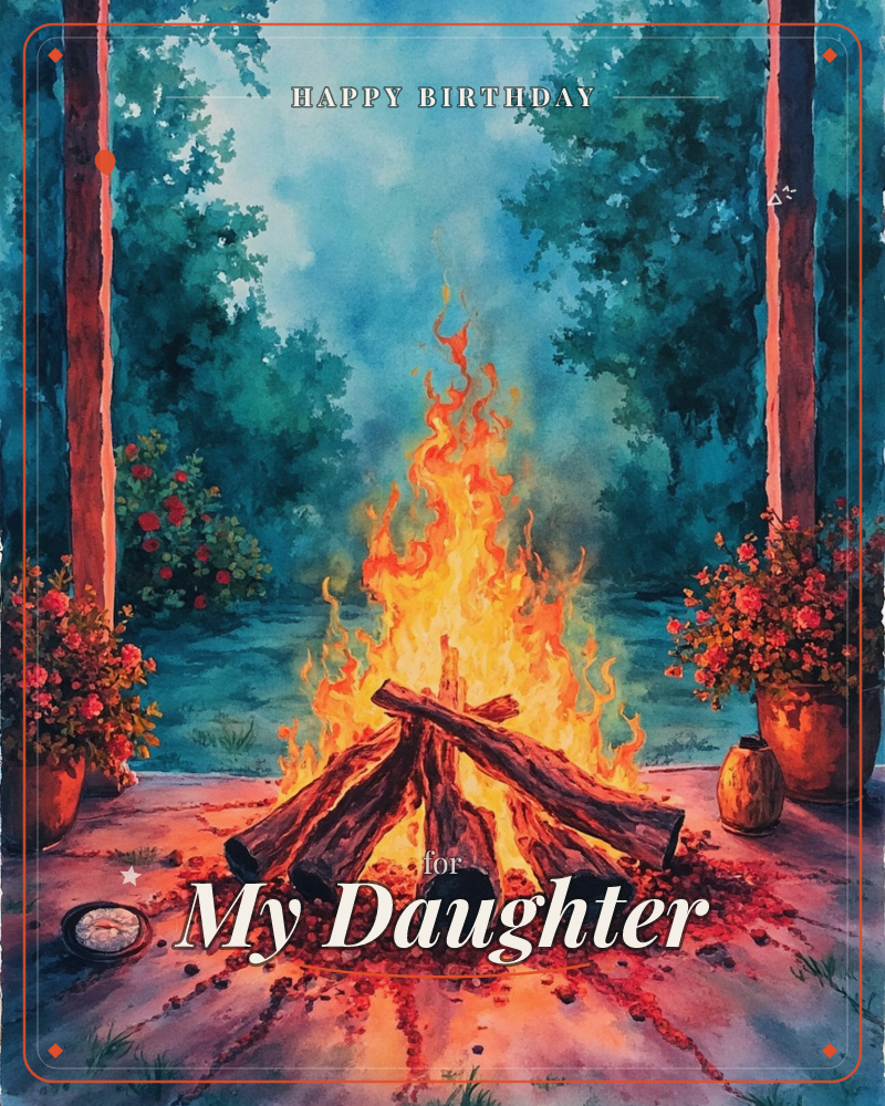 A bonfire blazes on a stone patio flanked by two rough wooden posts, its orange flames rising against a backdrop of deep teal forest, a birthday e-card design
