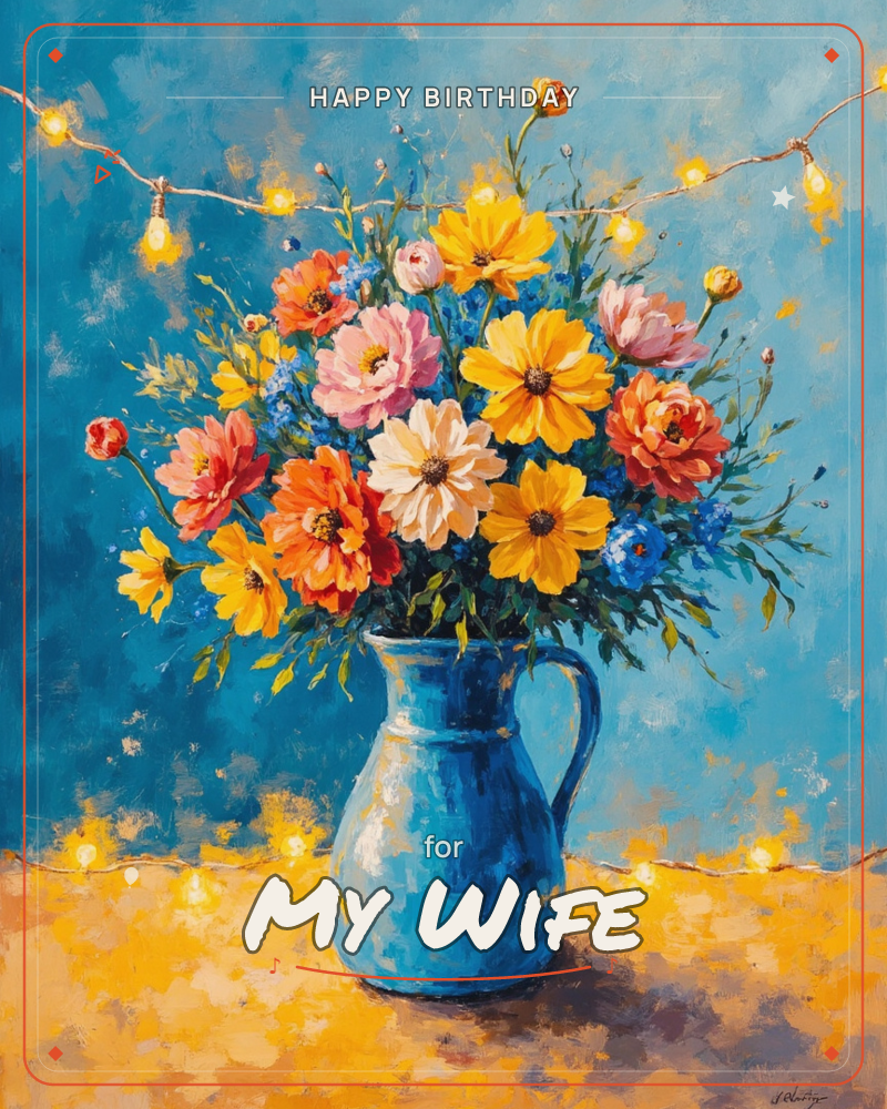 A blue ceramic pitcher overflows with a bright mix of cosmos, dahlias and small blue blooms, painted in loose, glowing brushstrokes against a deep teal…, a birthday e-card design