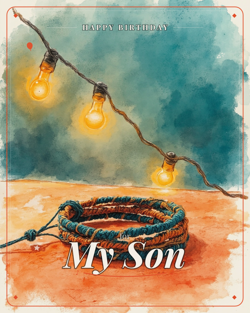 A string of glowing bulbs dips diagonally across a deep teal, cloudy background, its warm light pooling above a coiled teal-and-rust bracelet resting…, a birthday e-card design