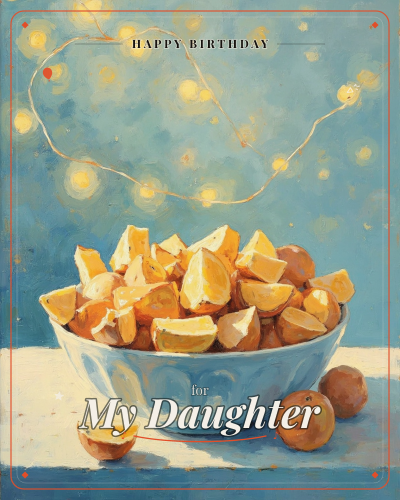 A blue ceramic bowl overflows with peeled and quartered oranges, their bright flesh glowing against a soft teal backdrop strung with warm fairy lights, a birthday e-card design