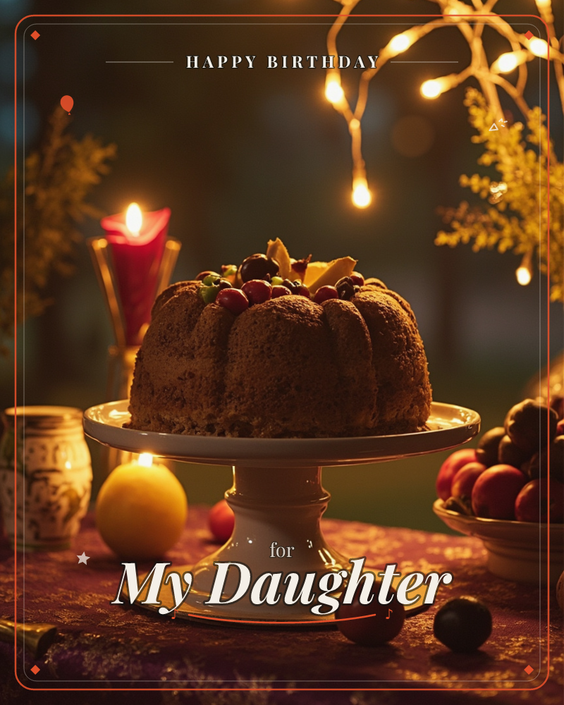 A bundt cake dusted with sugar sits on a white pedestal stand, topped with grapes and citrus slices, glowing under warm string lights strung through…, a birthday e-card design