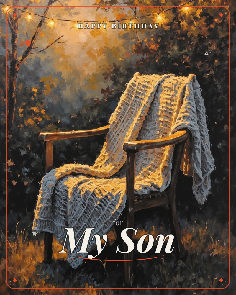 A weathered wooden chair sits outdoors draped with a chunky knit throw, glowing under a string of warm café lights strung through autumn trees, a birthday e-card design