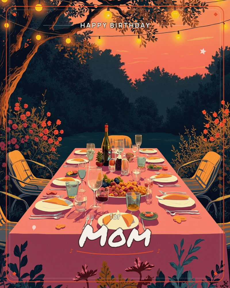 An outdoor dinner table is set beneath a tree strung with glowing string lights, its pink cloth laid with wine glasses, folded napkins, and a platter…, a birthday e-card design