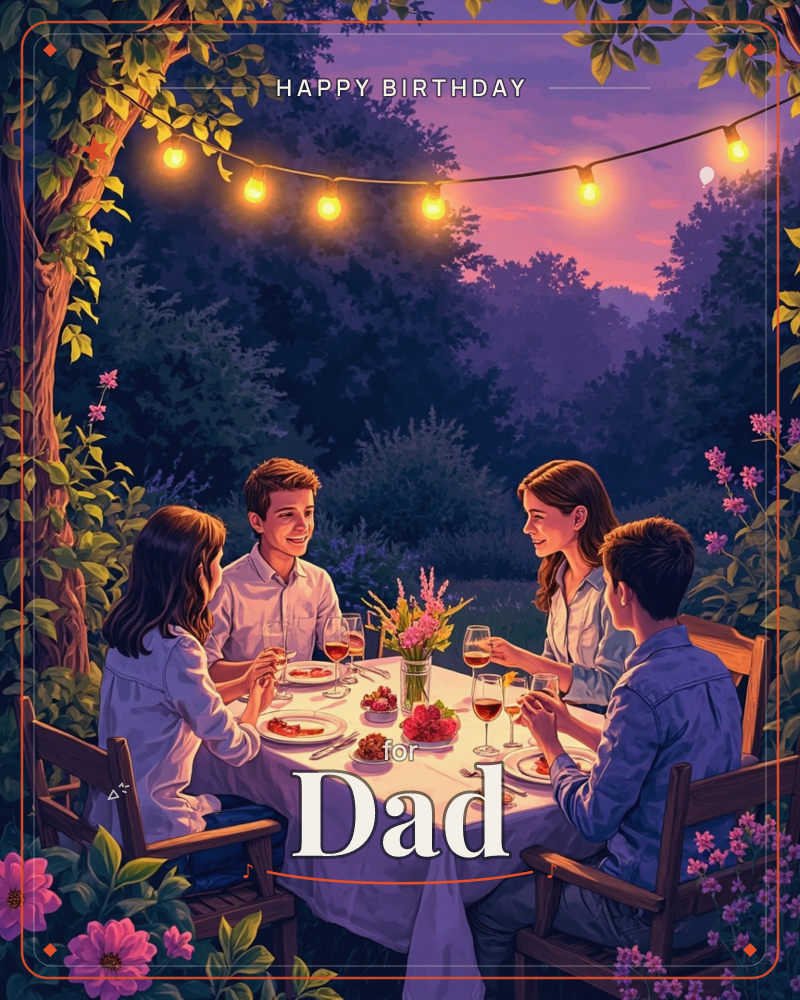 Two couples share an outdoor dinner at dusk, seated at a white-clothed table strung with warm hanging lights beneath a tree, a birthday e-card design