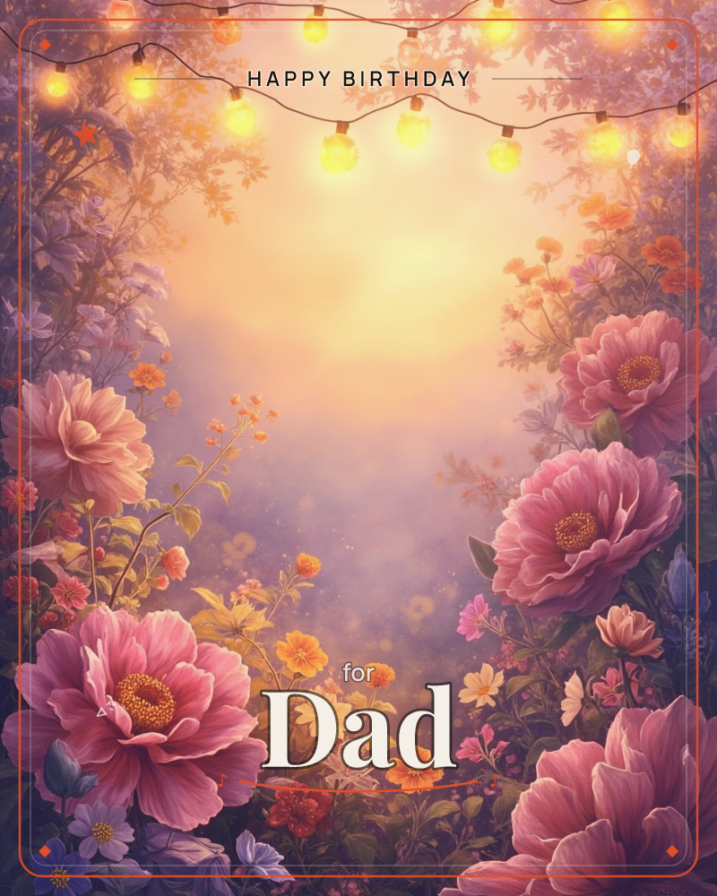 A hazy garden glows at dusk, framed by strings of warm fairy lights draped through overhanging leaves, a birthday e-card design