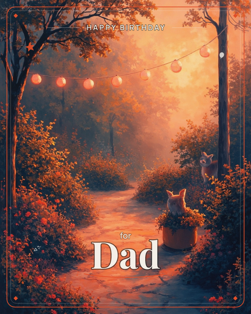 A stone garden path glows amber beneath a string of round paper lanterns strung between two trees, mist softening the autumn foliage into deep rust and…, a birthday e-card design