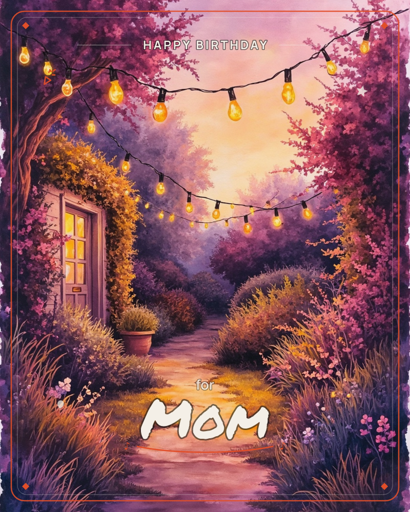 A garden path glows at dusk, leading to a cottage door framed with climbing flowers and a warm lit window, a birthday e-card design