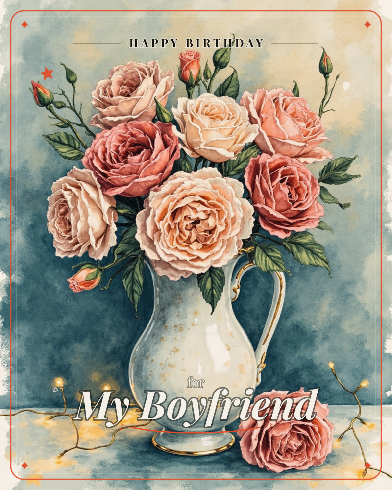 A cream porcelain pitcher trimmed in gold overflows with full-blown roses in shades of peach, coral and dusty pink, their petals layered thick and…, a birthday e-card design