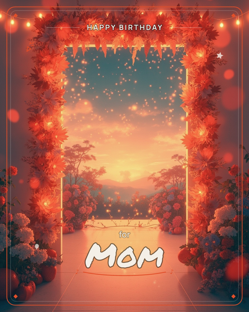 A glowing archway is wreathed in red and orange blossoms strung with fairy lights, opening onto a dreamy sunset landscape of distant hills and a…, a birthday e-card design