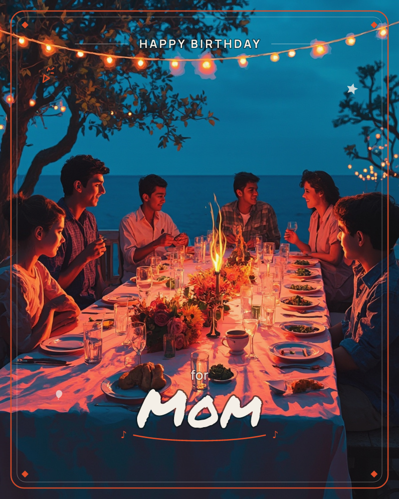 A group of friends gathers around a long outdoor table set with candles, flowers, and a shared meal, string lights glowing overhead beneath the dark…, a birthday e-card design