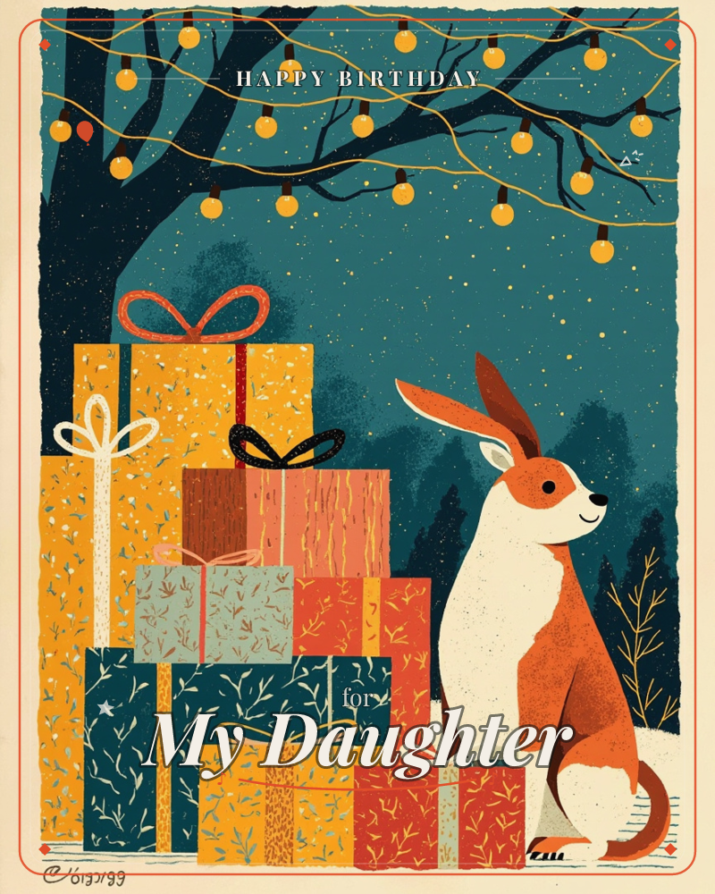 A rust-orange rabbit sits upright beside a tall stack of wrapped gifts under a bare tree strung with glowing string lights, a birthday e-card design