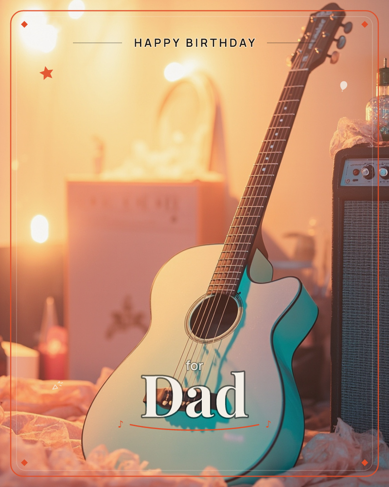 A pale turquoise acoustic guitar leans against a black amplifier, bathed in warm golden light with soft bokeh glowing behind it, a birthday e-card design