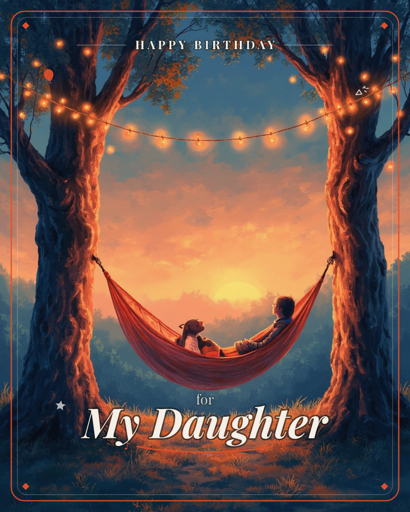 A child rests in a red hammock slung between two broad trees, string lights glowing overhead as the sun sinks in a blaze of orange and gold, a birthday e-card design