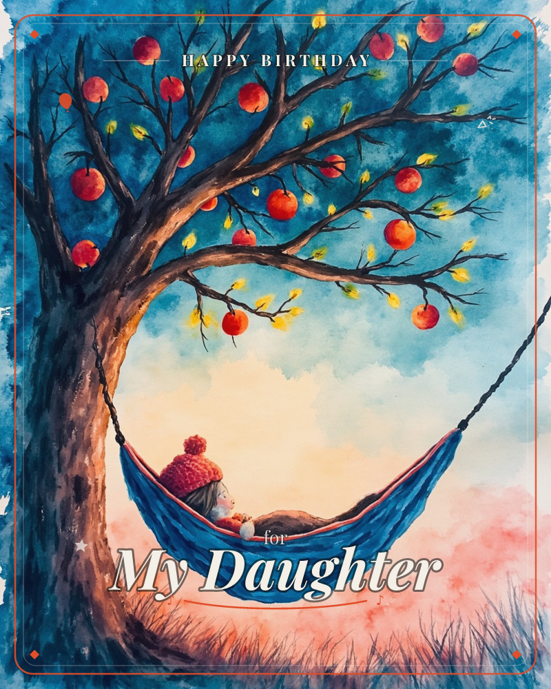 A child in a red knitted hat lies curled up in a blue hammock strung beneath a sprawling apple tree, its bare branches heavy with red fruit and…, a birthday e-card design
