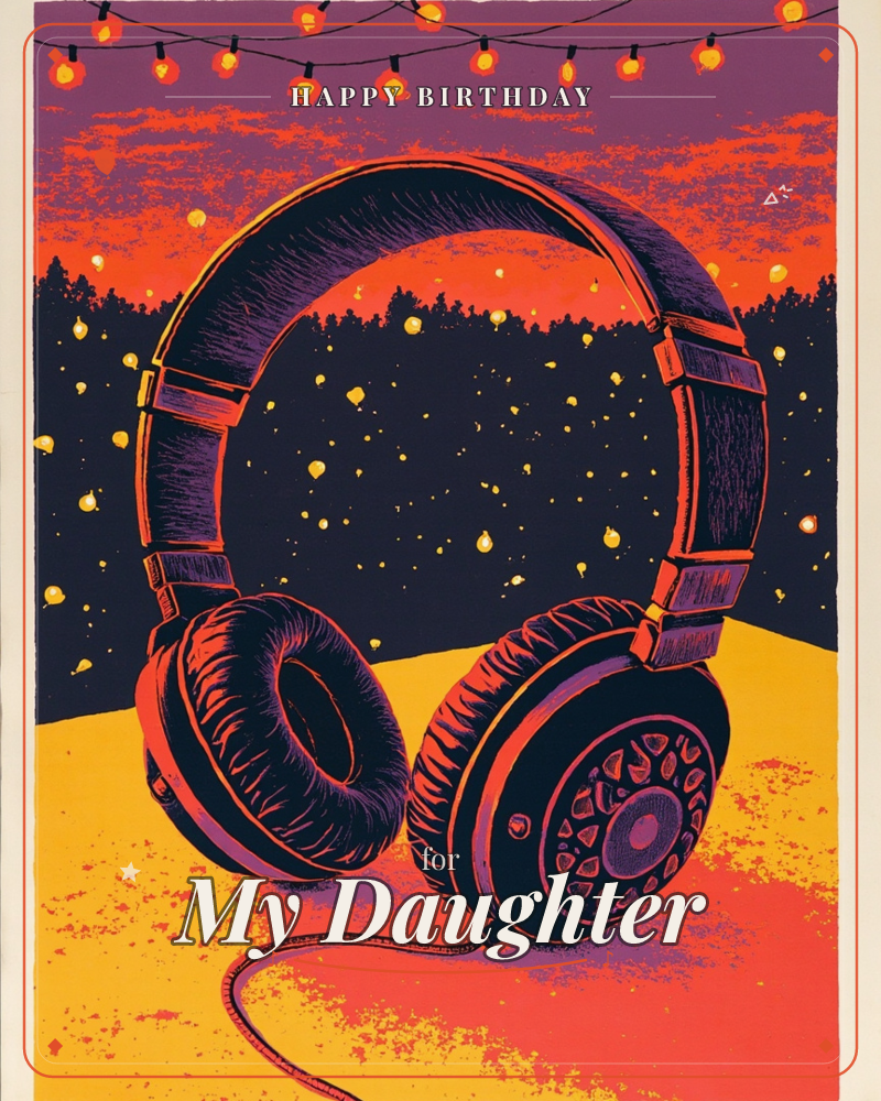 A large pair of headphones sits front and center against a sunset-orange and violet sky, with a silhouetted treeline and a string of glowing bulb…, a birthday e-card design