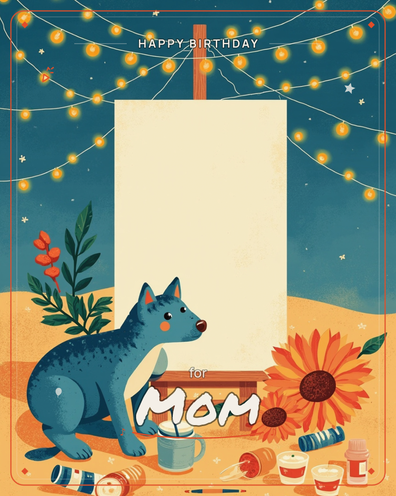 A blue-furred fox-like creature sits before a large blank canvas on an easel, surrounded by scattered paint tubes, a mug with a straw, and bright…, a birthday e-card design