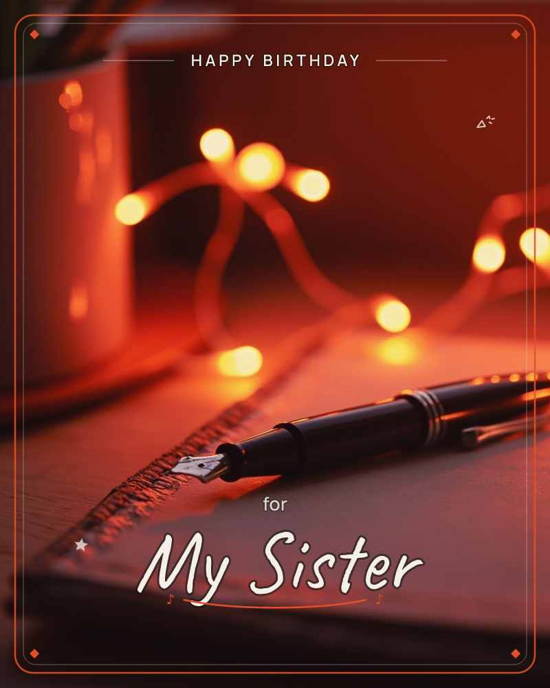 A close-up of a fountain pen resting on an open notebook, its nib catching a warm glow, a birthday e-card design