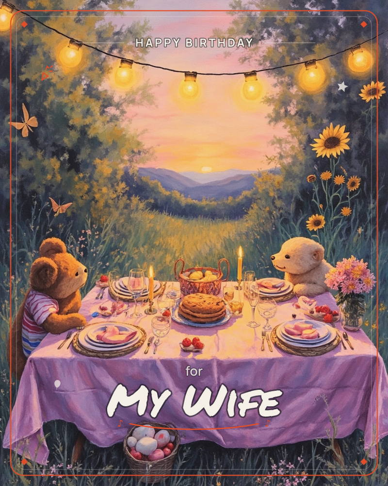 Two teddy bears sit at a candlelit table draped in lilac linen, set with cake, fruit and pastries beneath a string of glowing bulbs, a birthday e-card design