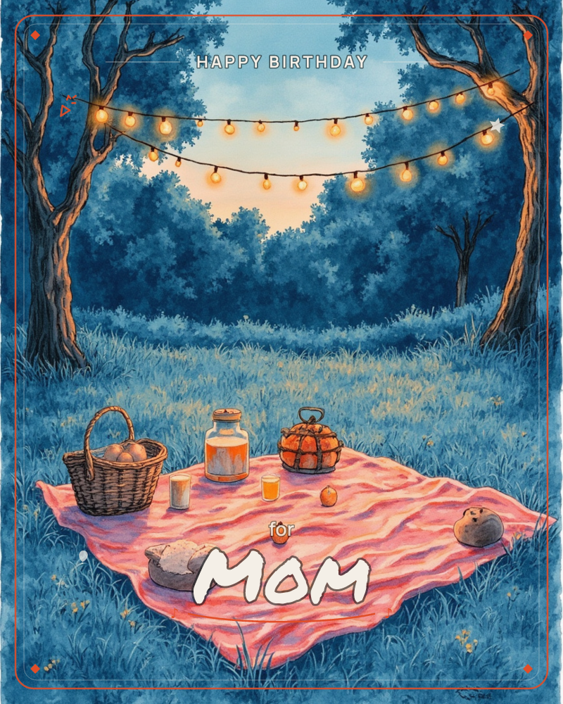 A pink picnic blanket is spread in a twilight meadow between two dark trees, strung with a glowing line of string lights against a fading orange-blue sky, a birthday e-card design