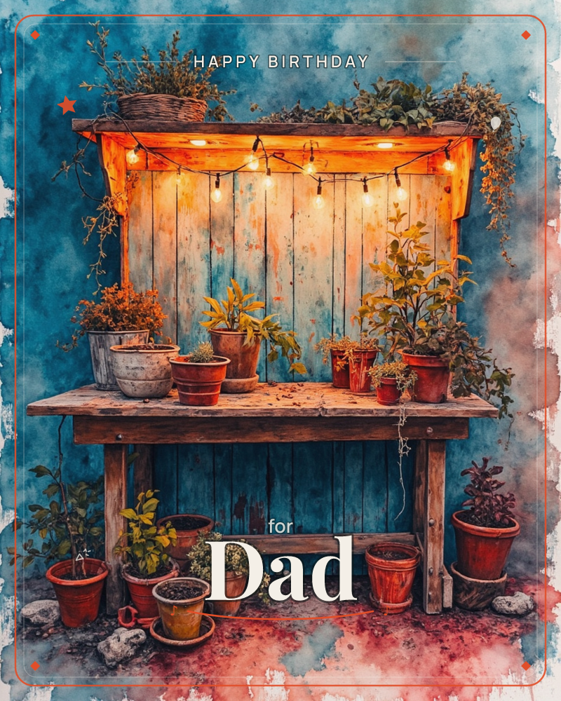 A rustic wooden potting bench glows against a deep teal wall, strung with warm fairy lights and crowded with terracotta pots of trailing greenery and…, a birthday e-card design