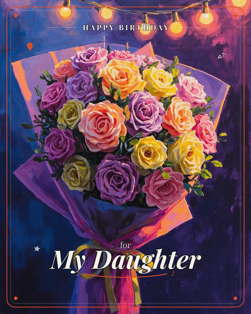 A lush bouquet of roses in purple, yellow, pink and coral tones stands wrapped in violet paper against a deep indigo backdrop, strung with a warm…, a birthday e-card design