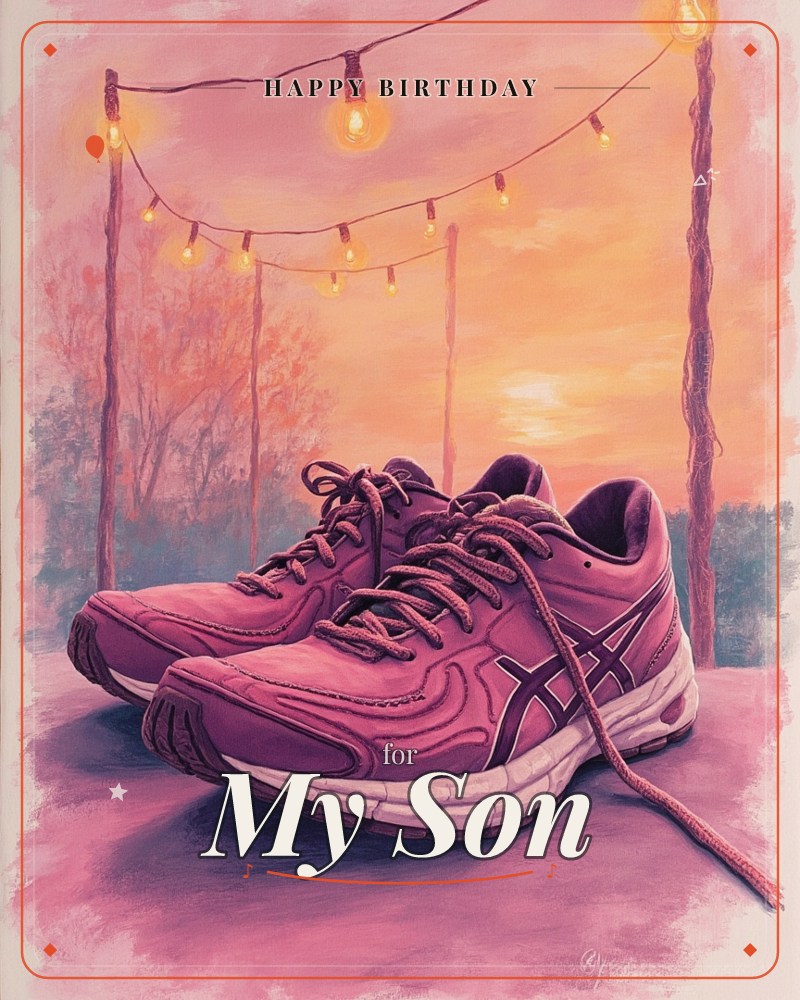 A pair of well-worn running shoes sits on a path at sunset, laces loosely undone, painted in warm magenta and orange tones, a birthday e-card design