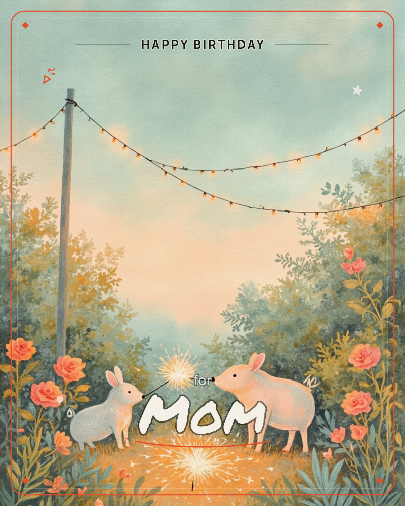 A rabbit and a small pig-like creature stand nose to nose in a garden at dusk, each holding a sparkler that meets in a bright burst of light, a birthday e-card design