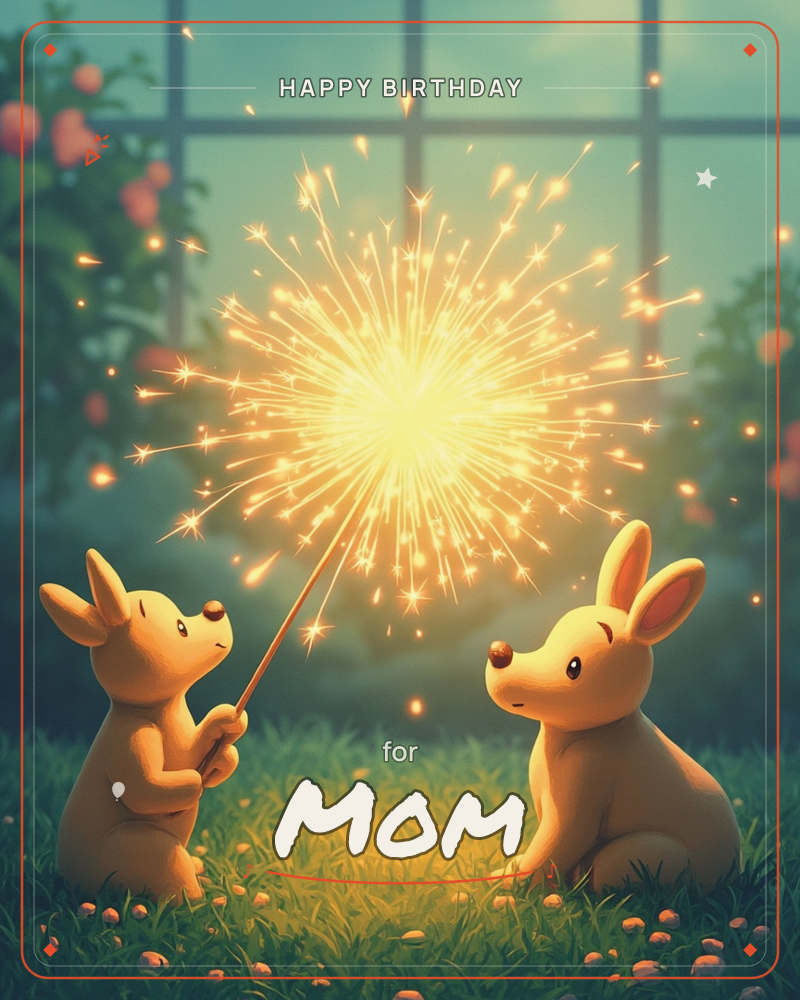 Two small rabbit-like creatures sit together on a dusky lawn as one holds up a sparkler that bursts into a glowing golden starburst between them, a birthday e-card design