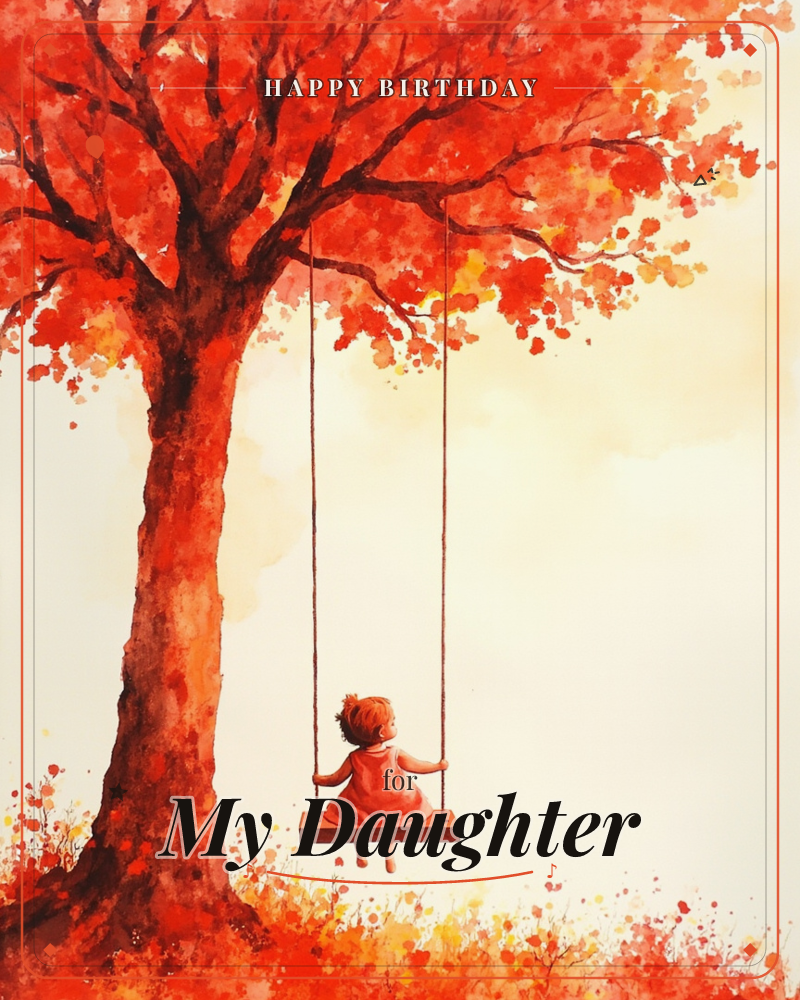 A child in a red dress sits alone on a wooden swing hanging from a great autumn tree, its branches glowing with fiery red and orange leaves against a…, a birthday e-card design