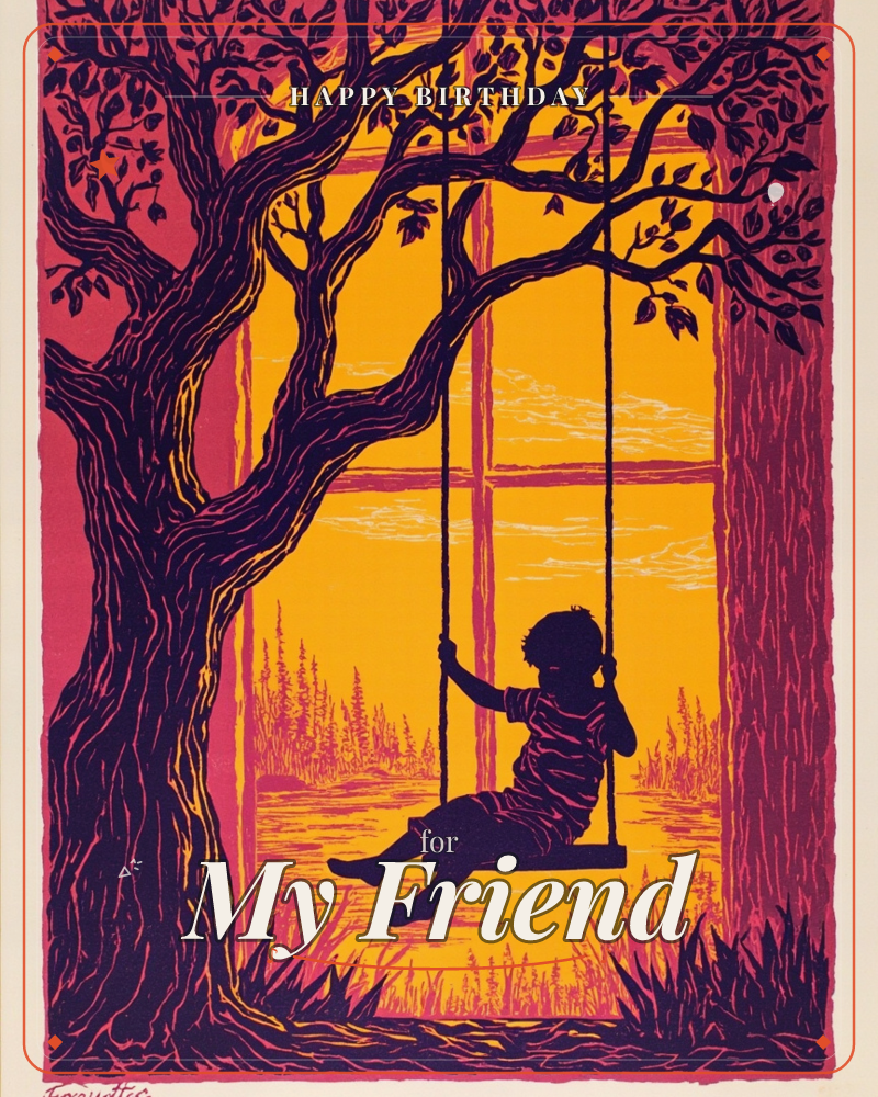 A woodcut-style illustration shows a child swinging beneath a large, gnarled tree, silhouetted against a glowing orange sunset, a birthday e-card design