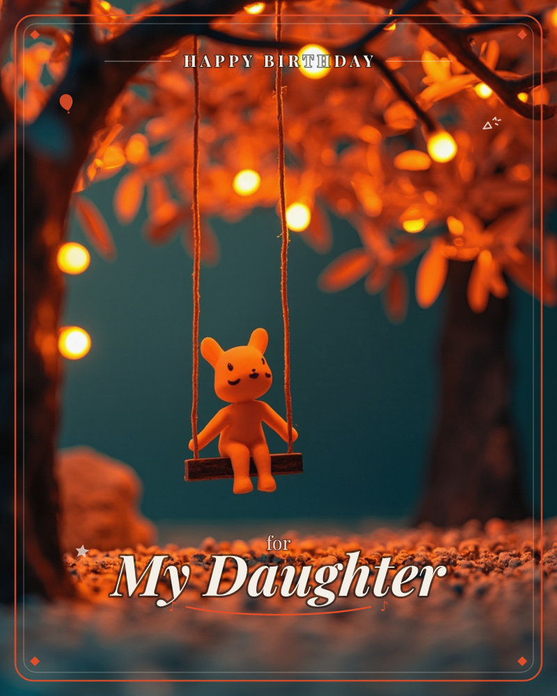 A small orange bunny figure sits on a wooden swing hung from glowing tree branches at dusk, warm fairy lights scattered like fireflies through the leaves, a birthday e-card design