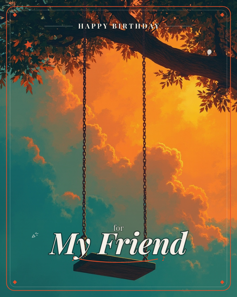 An empty wooden swing hangs on rusted chains from a thick tree branch, silhouetted against a dramatic sunset sky of glowing orange clouds and teal shadow, a birthday e-card design