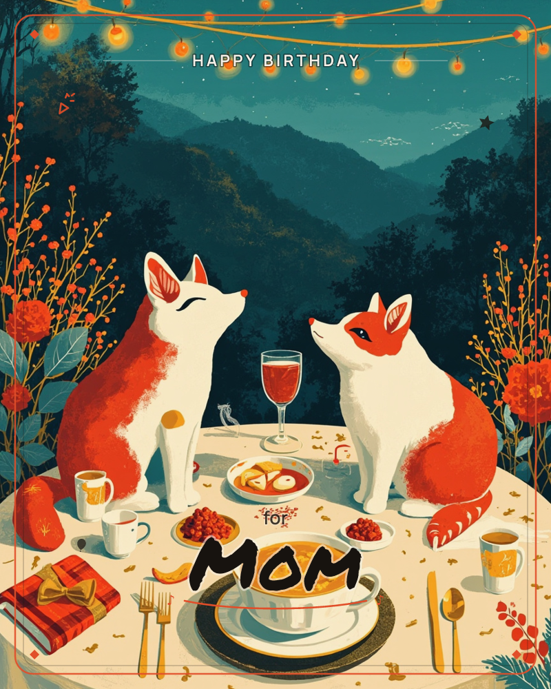 Two foxes sit face to face at a round table set for an evening feast, strings of glowing lanterns looped above them against layered dark mountains, a birthday e-card design