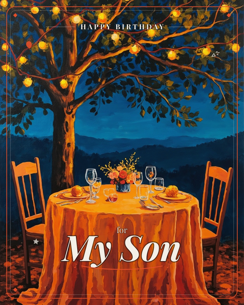 A table set for two glows under a tree strung with warm globe lights, its orange cloth pooling to the ground against a deep indigo night sky and…, a birthday e-card design