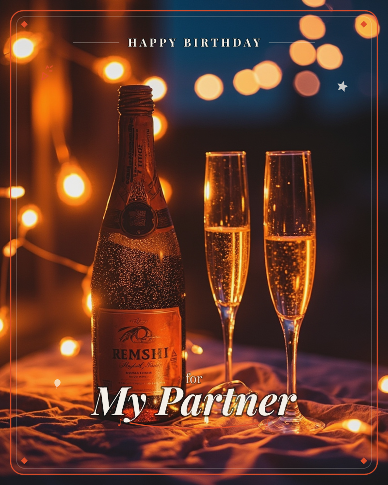 A bottle of sparkling wine stands beside two full champagne flutes on a softly draped cloth, strings of warm fairy lights glowing out of focus behind…, a birthday e-card design