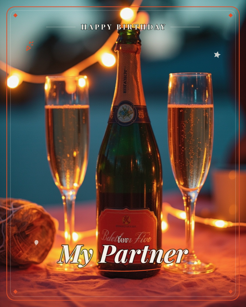 A dark green champagne bottle stands between two filled flutes on a linen-covered table at dusk, strings of warm fairy lights glowing softly behind them, a birthday e-card design