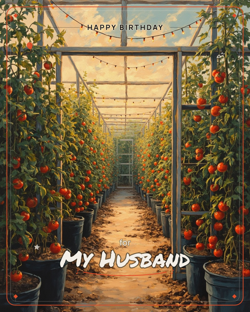 A wooden-framed greenhouse walkway stretches into golden light, lined on both sides with tall potted tomato vines heavy with ripe red fruit, a birthday e-card design