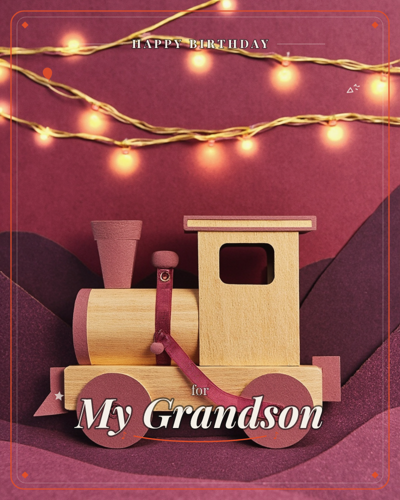 A wooden toy train sits against a deep maroon paper backdrop shaped into rolling hills, with strings of warm gold fairy lights strung above like a…, a birthday e-card design