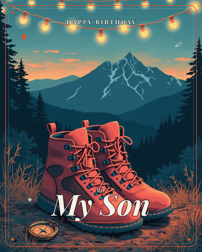 A pair of well-worn orange hiking boots rests on a rocky patch of ground with a brass compass beside them, set against a twilight scene of snow-capped…, a birthday e-card design
