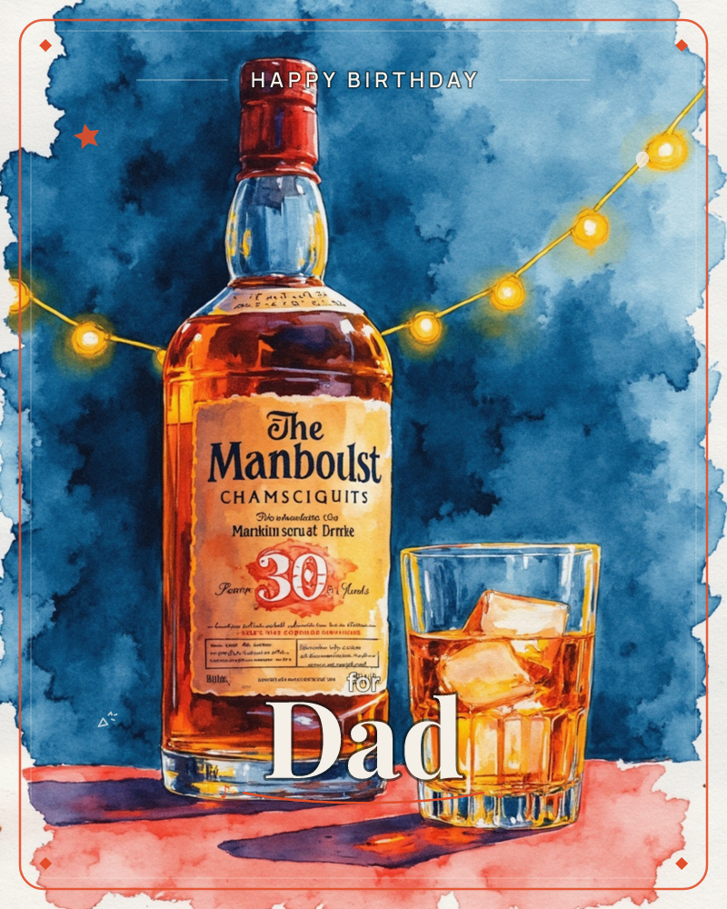 A watercolour still life of an amber whisky bottle with a red wax-topped cap and an aged label, standing beside a glass of whisky over ice, a birthday e-card design