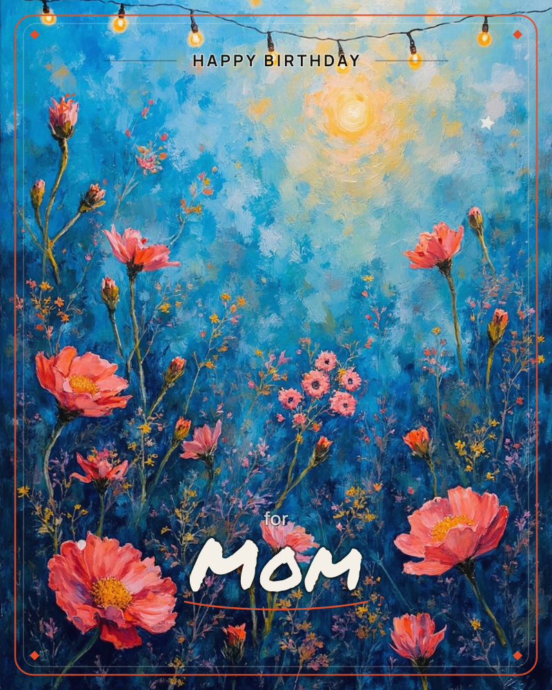 A meadow of coral-pink cosmos flowers rises against a deep blue twilight sky, with a warm golden sun glowing softly in the upper half, a birthday e-card design