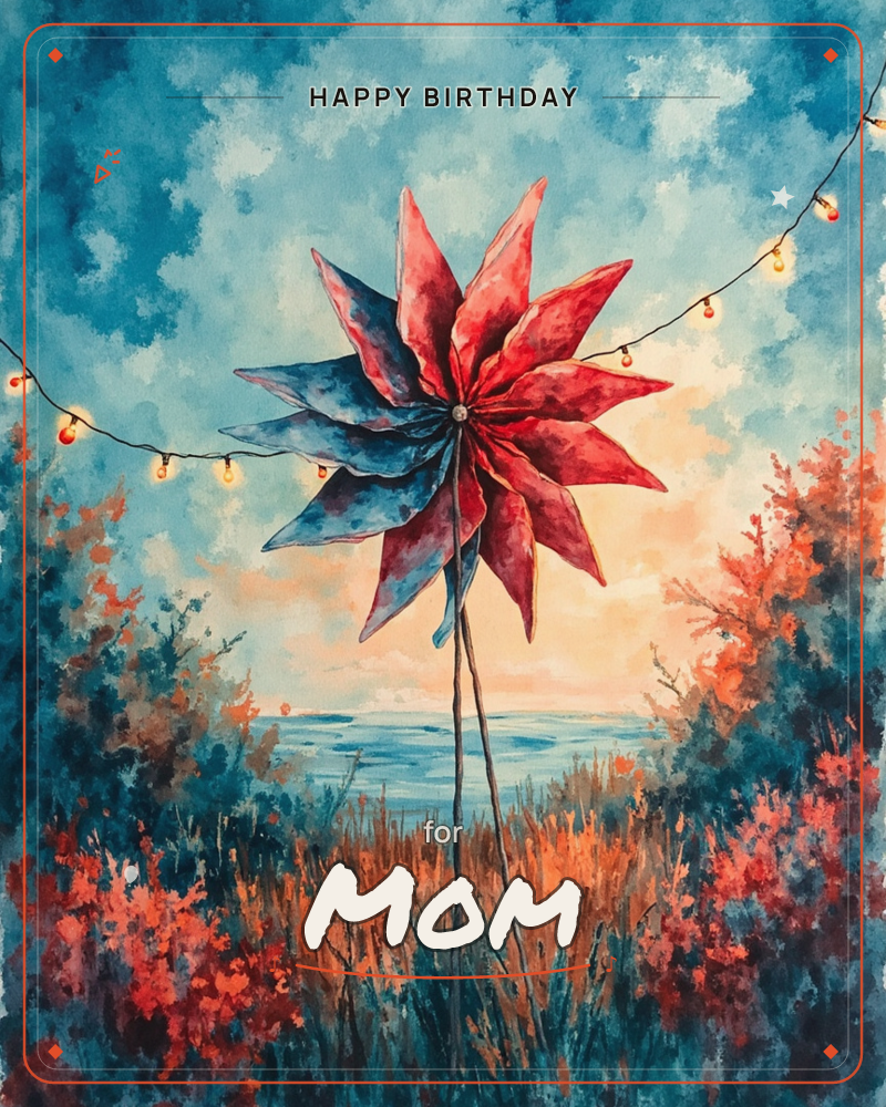 A tall pinwheel flower in deep red and navy spins above a shoreline of rust-coloured grasses, its petals catching the last warm light before a soft…, a birthday e-card design