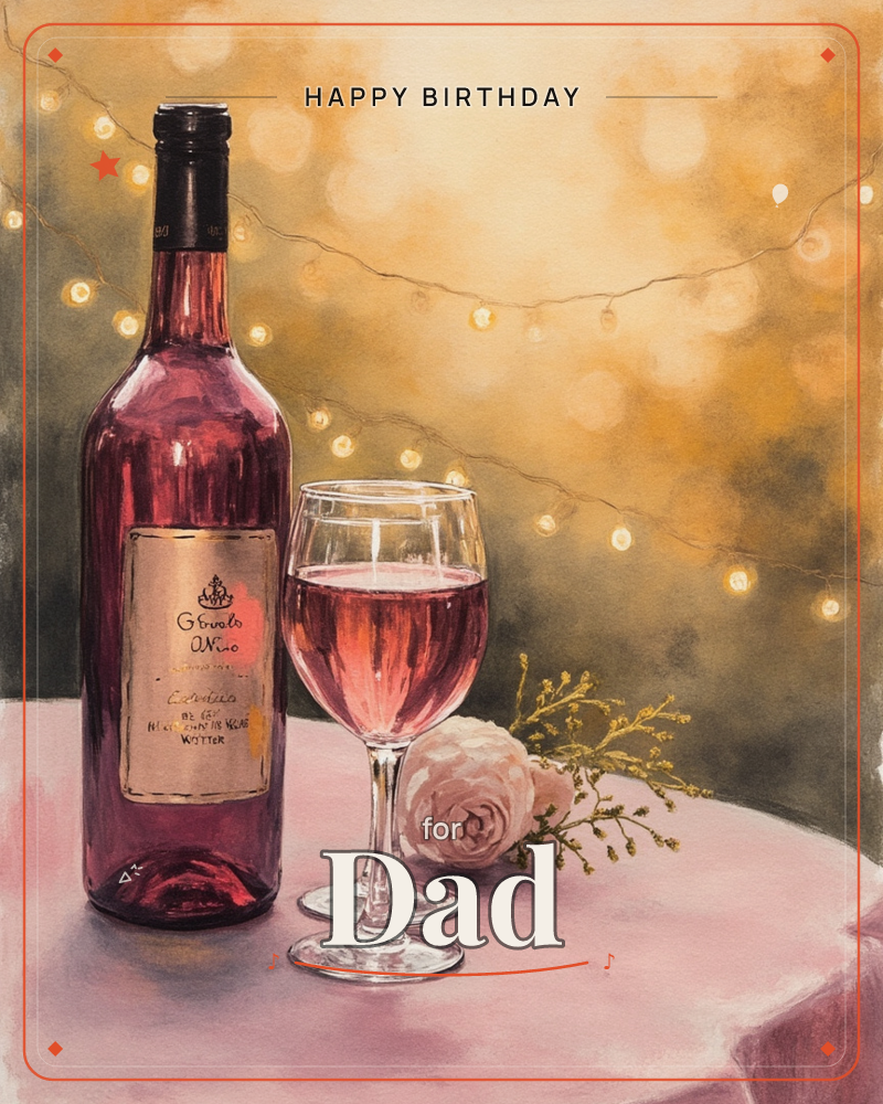 A bottle of rosé and a filled wine glass stand on a blush pink tablecloth, with a single pale rose and a sprig of greenery beside them, a birthday e-card design