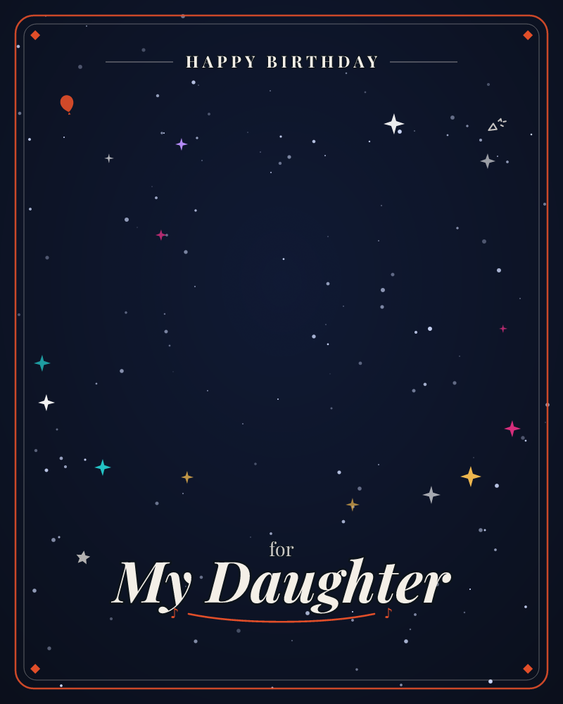 A deep midnight-blue sky glows faintly at its centre, scattered with tiny pinprick stars and a handful of larger sparkling ones in white, gold, pink…, a birthday e-card design by @DittyCityTeam