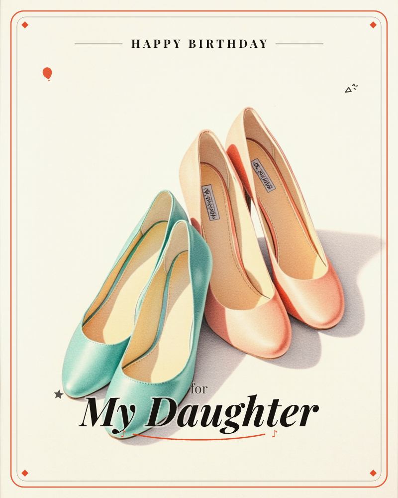 Two pairs of women's shoes sit side by side on a plain cream background: soft mint-green flats in front and a pair of peach-and-cream heels just behind, a birthday e-card design
