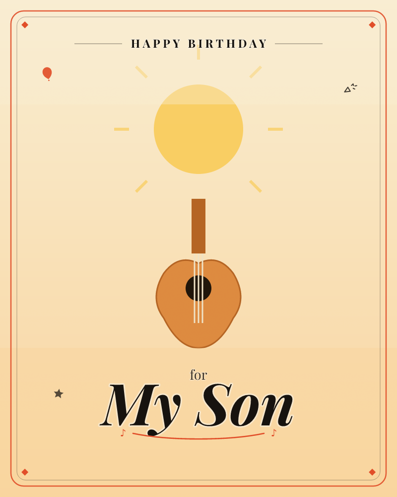A simplified guitar body and neck stand upright against a warm gradient background, a flat yellow sun radiating short rays directly above it, a birthday e-card design by @DittyCityTeam