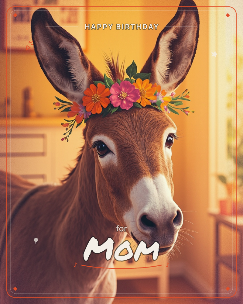 A close-up portrait of a donkey with tall upright ears, wearing a crown of orange, pink and magenta flowers woven through its forelock, a birthday e-card design
