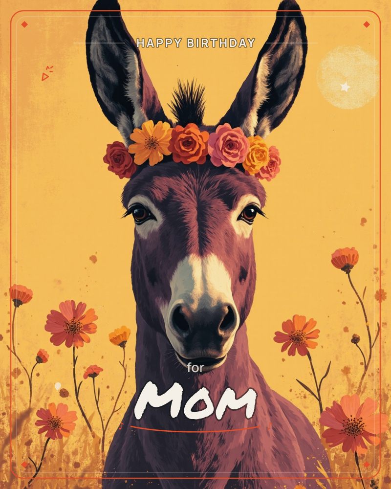 A donkey with a rich plum-brown coat faces forward, wearing a crown of orange, coral and pink flowers woven between its tall ears, a birthday e-card design
