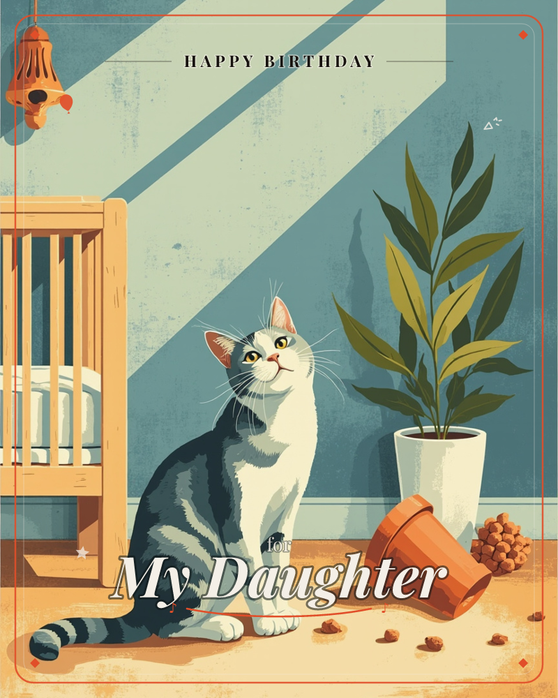 A grey and white cat sits beside a wooden crib in a nursery, gazing upward with wide curious eyes as a diagonal beam of sunlight cuts across the blue wall, a birthday e-card design