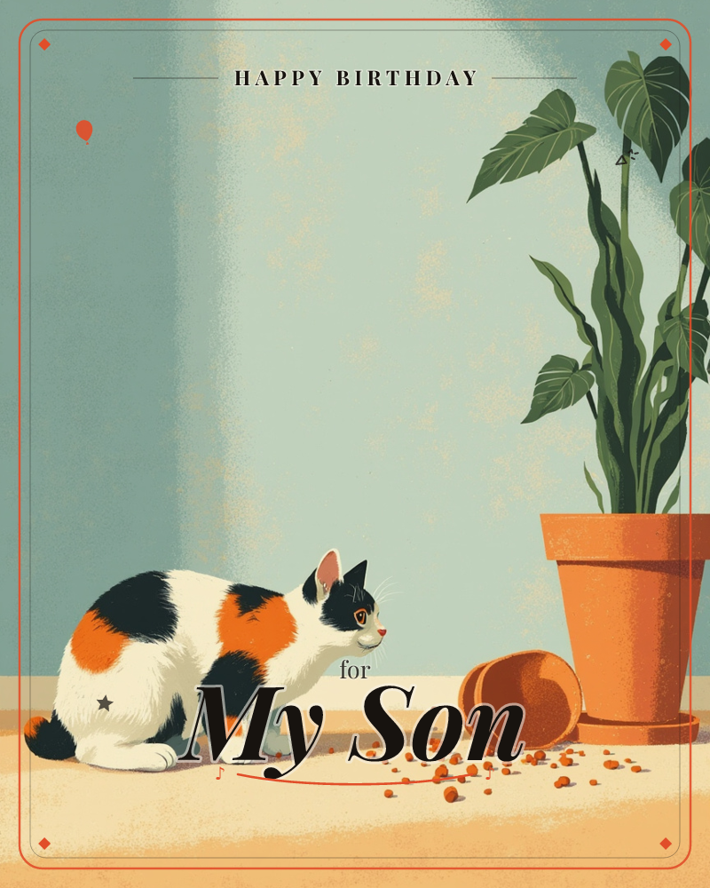 A calico cat sits low to the floor, caught mid-mischief beside a terracotta plant pot it has just knocked over, small clumps of soil scattered across…, a birthday e-card design
